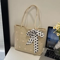 Borsa tote in paglia beige con ricamo a margherite e fiocco a pois neri - Cachi