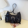 Retro black distressed leather underarm bag with large silver buckle and pleated texture - Black