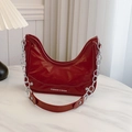 Red patent leather crescent underarm bag with silver chain and wide leather strap - Red