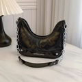 Glossy black crescent shoulder bag with silver chain and white fashion typography - Black