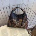 Vintage floral printed canvas tote bag with clasp handle and round charm detail - Green Peony Pattern