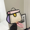 2D cartoon style flap bag in pink and beige canvas with 2D black outlines and chain - Pink