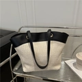 Minimalist black and beige woven tote bag with metallic ring connectors for daily commute - Beige-Black