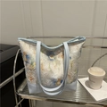 Sac cabas à motif floral bleu clair avec tissu texturé et anses en cuir - Bleu