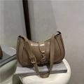 Minimalist khaki square shoulder bag in glossy faux leather with metal hook closure - Khaki