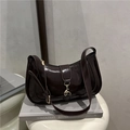 Minimalist dark brown glossy leather underarm bag with gold metal buckle and strap - Brown