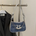 Borsa hobo in denim blu scuro con catena a farfalla e perle in stile vintage retrò - Blu scuro