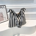 Black and white striped canvas tote bag with geometric pattern wide shoulder strap - Black