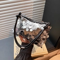 Silver sequin hobo shoulder bag with black strap and reflective metallic finish - Silver