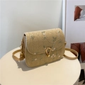 Beige woven straw crossbody bag with green floral embroidery and gold metal buckle - Khaki