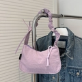 Minimalist lavender nylon hobo shoulder bag with pleated handle and side woven rope detail - Purple