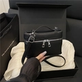 Chic black litchi textured small square bag with silver zipper in a luxury gift box - Black