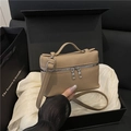 Khaki lychee leather crossbody vanity bag with top handle and silver hardware - Khaki