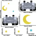Size chart showing mosque silhouettes and moon stars wall stickers with dimensions - Star Moon Castle