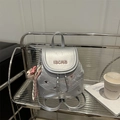Silver wrinkled leather mini backpack with bear embroidery and chic metal chain decoration - With Ornament / Silver