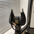 French style black leather crescent shoulder bag with elegant gold geometric buckle - Black