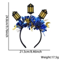 Blue glitter Ramadan headband with golden moon, star and lantern charms with dimensions - Tinsel Headband / 3 Ancient Lanterns Style