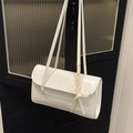 Minimalist creamy white large capacity PU leather shoulder bag with silk bow ribbon detail - White