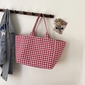 Borsa tote grande in tela a quadretti rossi e bianchi in stile vintage giapponese - Rosso