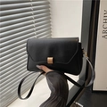 Minimalist black matte leather square shoulder bag with gold square metal buckle detail - Black