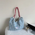 Blue and white checkered canvas tote bag with contrast red rope handle for women - Blue