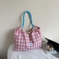 Pink and white checkered tote bag with blue woven rope handles and brand fabric label - Pink