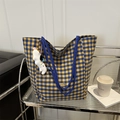 Borsa tote a quadri blu e gialli con manici blu scuro e ciondolo a forma di cane bianco - Con Ciondolo / Blu