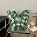 Green Vichy check canvas tote bag with handmade metal plate and puppy plush pendant - Green