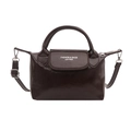 Chic dark brown faux leather crossbody bag with top handle and silver hardware - Dark Brown