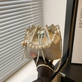 Light blue bucket bag with floral embroidery and pearl handle chain for women - Blue