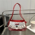 Borsa a spalla vichy rossa e bianca con motivi a cuore e dettagli con fiocco e volant - Rosso