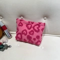 Pink plush travel makeup bag with heart leopard print pattern and top zipper closure - Pink