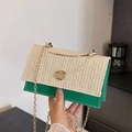 Borsa a tracolla in paglia verde e beige con catena dorata e manico rotondo - Verde