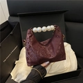 Elegant wine red snakeskin texture handbag with premium pearl handle in a gift box - Red