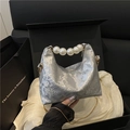 Elegant silver snake pattern handbag with large pearl handle and gold chain strap - Silver