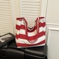 Grande borsa tote in tela a righe rosse e bianche con doppie spalline per uso quotidiano - Rosso