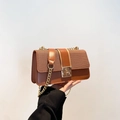 Brown small square bag in canvas and PU leather with golden metal chain strap - Brown