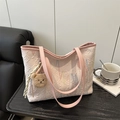 Light pink jacquard tote bag with geometric pattern and brown teddy bear charm - Pink