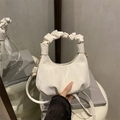 Minimalist cream marble dumpling crossbody bag with pleated handle and chain strap - Off White
