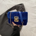 Deep blue velvet quilted crossbody bag with luxury gold geometric metal buckle and chain - Blue