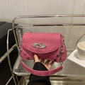 Pink denim shoulder bag with silver metallic buckle and Y2K vintage style chain strap - Rose Pink
