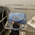 Blue washed denim shoulder bag with silver star logo and metal chain strap Y2K style - Blue