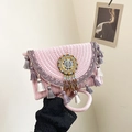 Böhmische rosa geflochtene Stroh-Umschlagtasche mit bunten Fransen und Ethno-Perlen - Rosa
