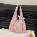 Pink and white summer tote bag with 3D daisy embroidery and large lace bow detail - With Scarf Style / Pink