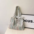 Watercolour gradient tote bag with daisy embroidery and a white lace bow detail - With Scarf Style / Green