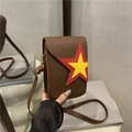 Brown vintage faux leather crossbody bag featuring layered red and yellow stars - Brown
