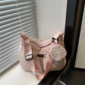 Borsa tote in nylon rosa con tasca con coulisse e piccolo portamonete rotondo appeso - Rosa