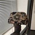 Retro black satin makeup bag with gold floral embroidery and elegant metal chain strap - Black