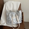 Silver embroidered shoulder bag with butterfly patterns and metallic chain strap - Blue
