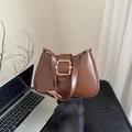 Dark brown faux leather crescent underarm bag with a vintage gold square buckle - Tan